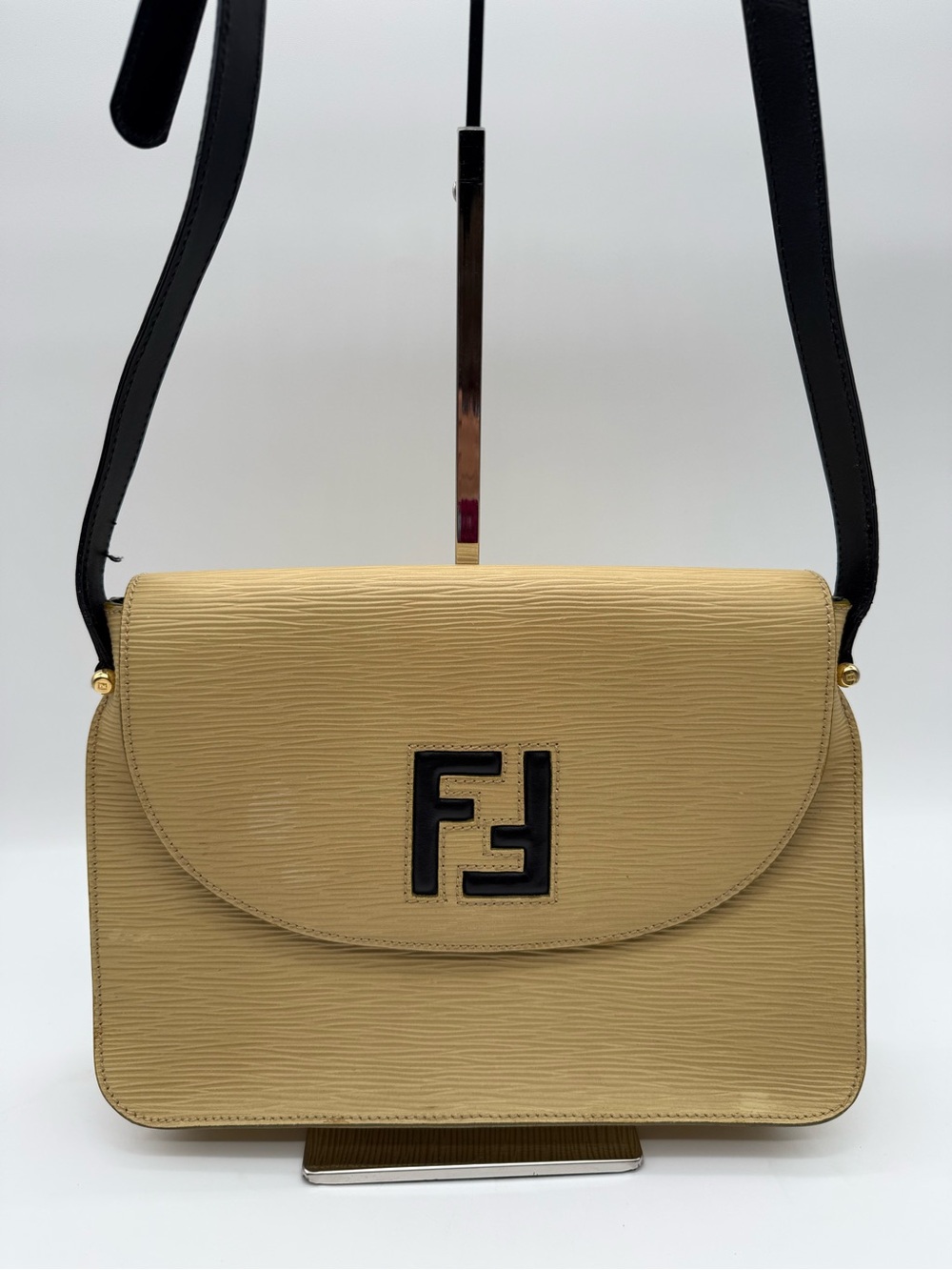 Fendi FF Textured Epi Leather Cream Crossbody Bag Vintage